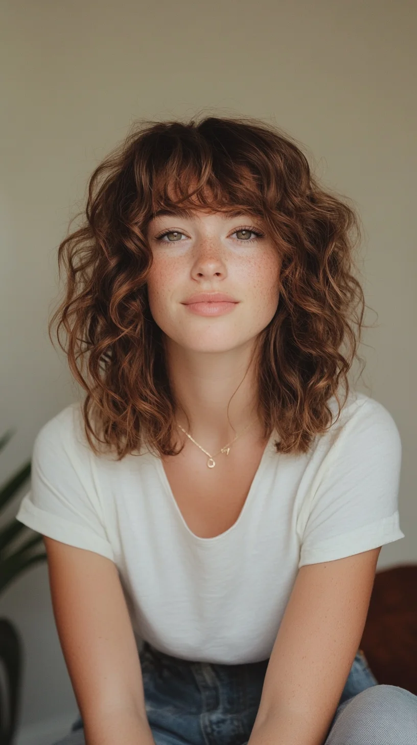 Effortlessly Chic: Embrace the Playful Volume of Curly Layers with Bangs