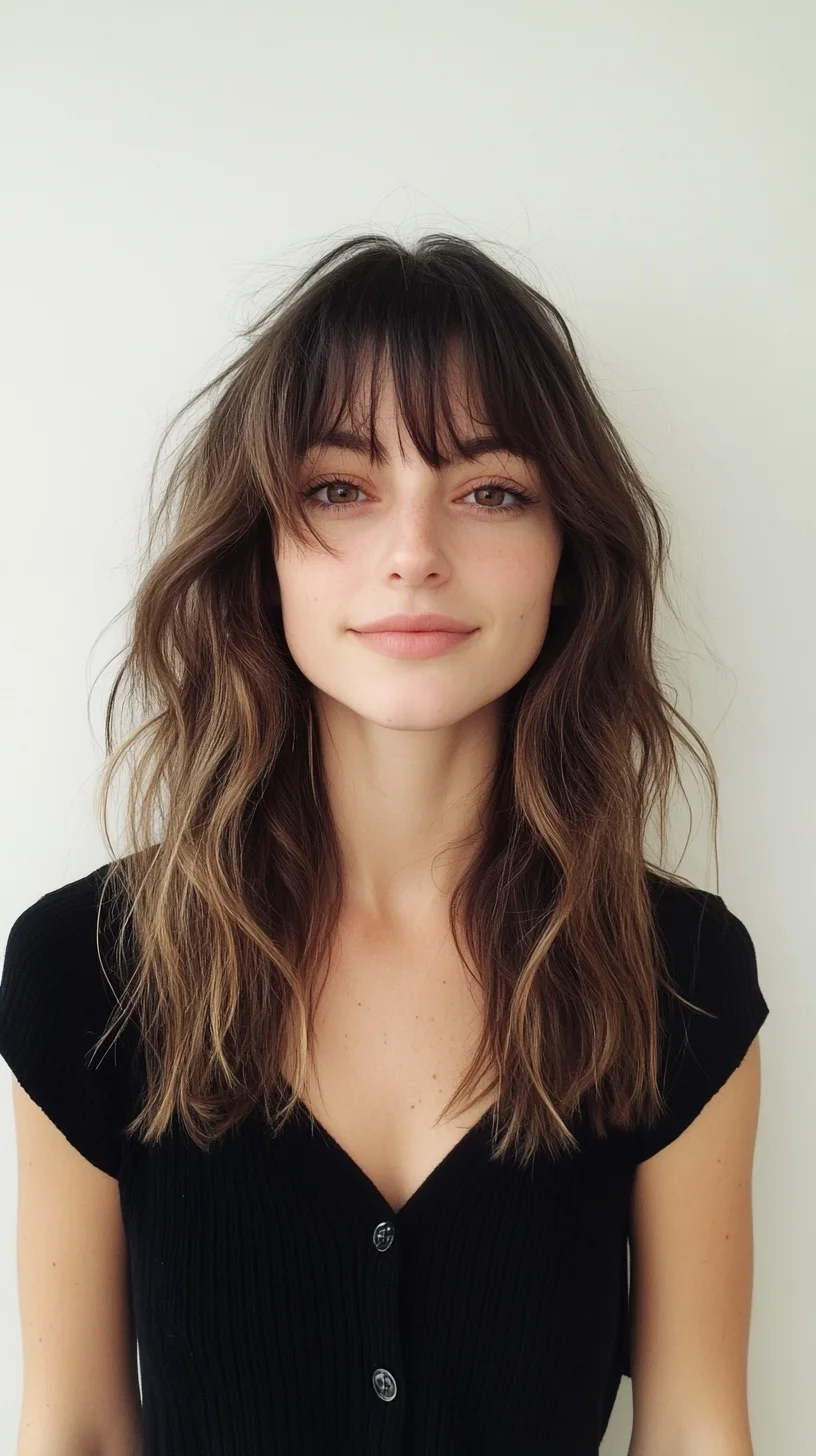 Effortlessly Chic: The Tousled Waves with Blunt Bangs