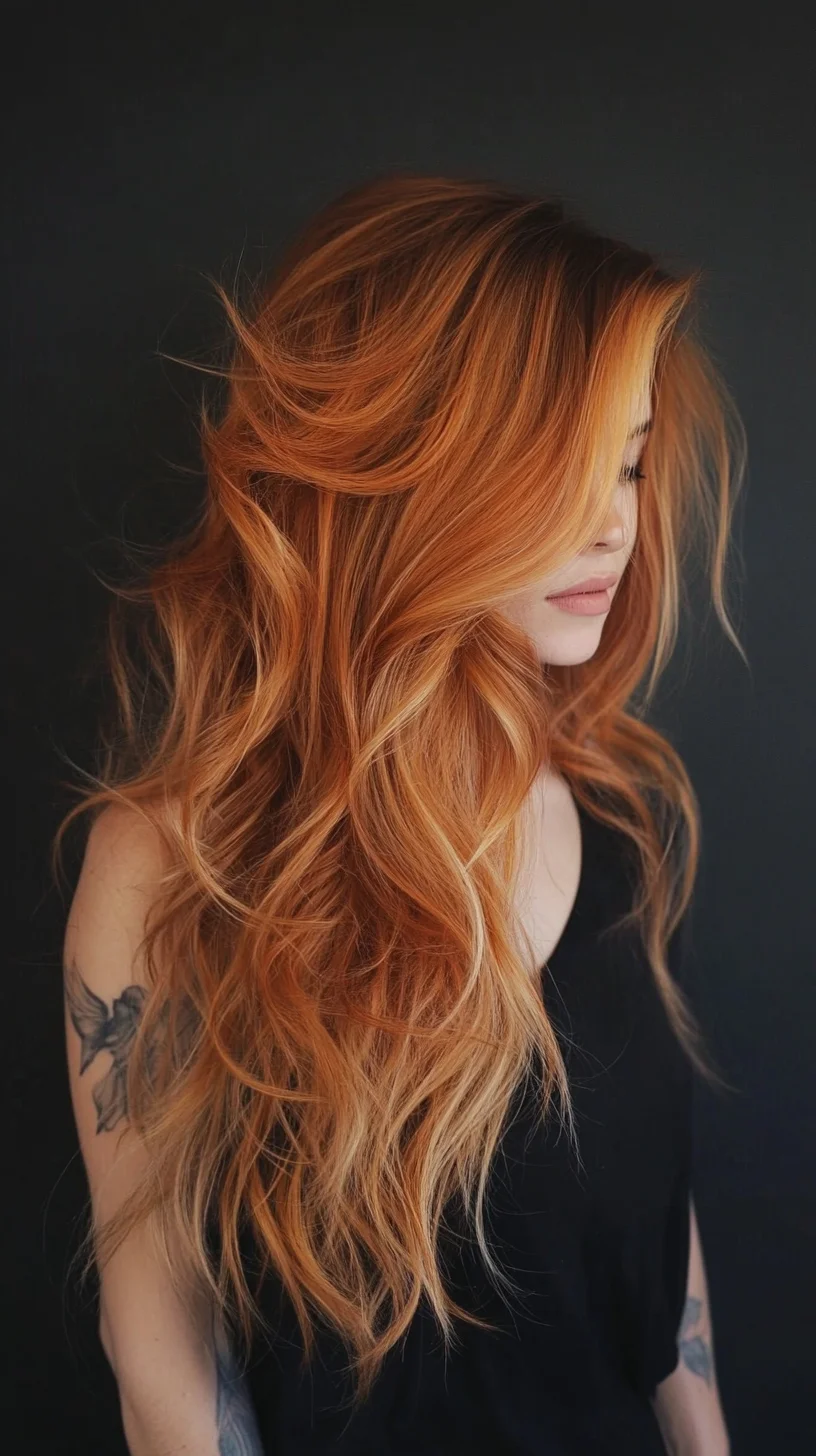 Effortlessly Glamorous Waves with Vibrant Copper-Hued Long Locks